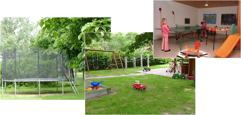 Bilder von einem Garten mit Rasenflächen, Sandkasten, Schaukeln, Trampolin und Turnstangen, sowie ein Spielzimmer mit Tischtennisplatte wo 2 Kinder spielen, Rutsche, Kicker und Spielzeug.