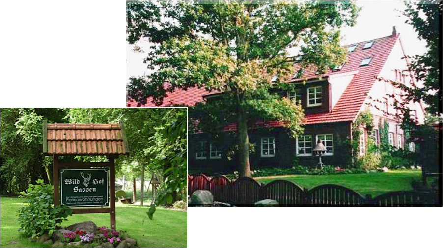 Ostfriesisches Bauernhofhaus in grüner Landschaft mit Willkommens-Schild von Wildhof-Sassen